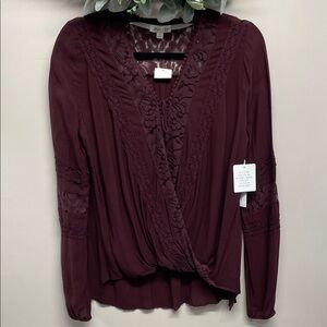 NWT Skylar & Jade Long Sleeve Surplice Blouse Tassel Tie Lace Burgundy Plum S